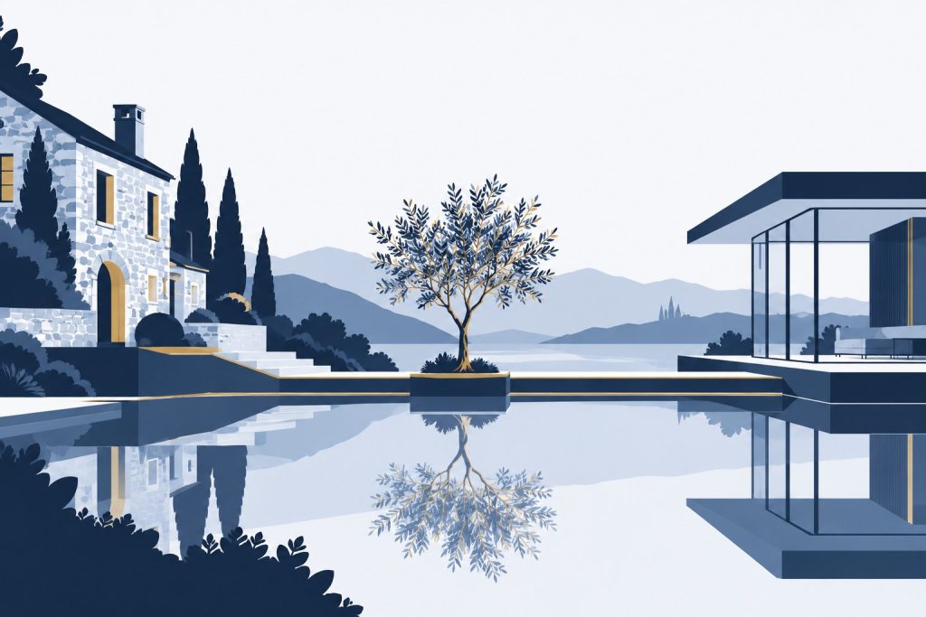 Ilustrace: kamenný dům a moderní skleněný pavilon spojené tenkou zlatou linií, mezi nimi strom; symbol kontinuity rodinného majetku napříč generacemi